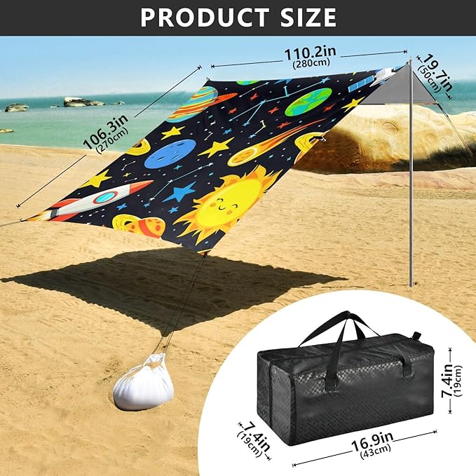 Beach Canopy with Windproof Ropes &amp Sandbags Beach Tent Sun Shade Sun Shelter for Camping Trips Fishing Backyard Fun or Picnics Planets