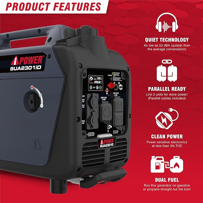 A-iPower 2300-Watt Portable Inverter Generator Dual Fuel RV Ready CARB Compliant CO Sensor Light Weight With Telescopic Handle For Backup Home Use Tailgating &amp Camping (SUA2301iD)