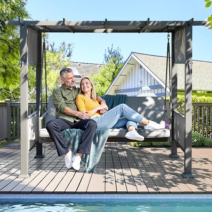 Pamapic 3-Seat Porch Swing with Stand 990 LBS 2 in 1 Convertible Bed Patio Swings with Canopy Adjustable Wicker Side Panel Swing Chair Outdoor with Cushion for Backyard Porch Garden (Gray)