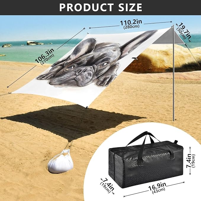 ALAZA French Bulldog Lie Prone Comfortably Beach Tent Sun Shelter Portable Canopy Sunshade for Outdoor Camping Picnics Backyard Fun 10x9 ft