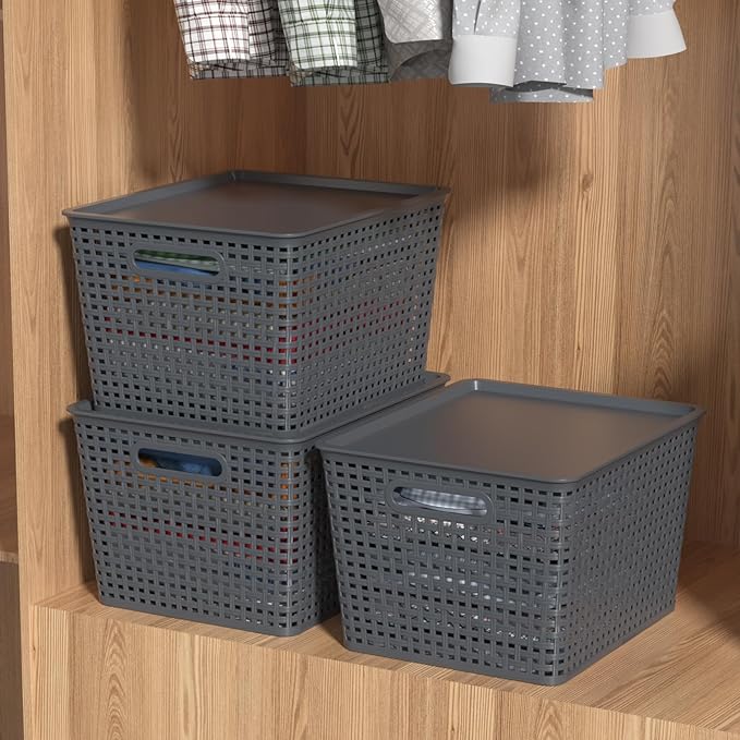6-Pack Large Plastic Storage Baskets Bins with Lid Ideal for Barthroom Kitchen Pantry Closets Organizing Gray
