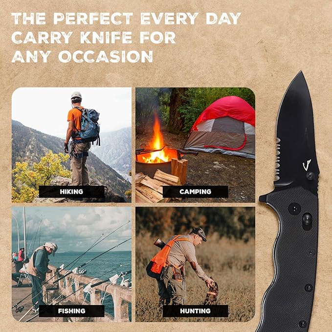 Serrated Pocket Knife 3 Sharp D2 Blade Big Pocket Knife 7.5 Total Length Textured G10 scale Crossbar Lock Reversible Clip Ball Bearing Pivot Ideal for Hunting Camping Pocket Knife EDC Ser