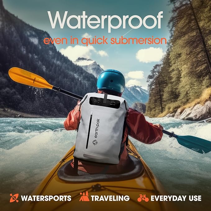 Earth Pak Waterproof Backpack - Heavy Duty Roll-Top Closure with Easy Access Front-Zippered Pocket and Cushioned Padded Back Panel for Comfort with IPX8 Waterproof Phone Case