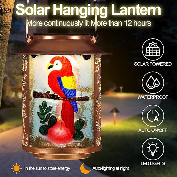 Parrot Solar Lanterns Outdoor WaterproofBirthday Gifts for Women Mom Grandma Garden DecorHanging Solar Lights Wall Mount Decorations for YardFront PorchPatioLawn Pathway Landscape
