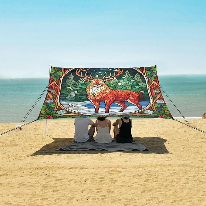 xigua Reindeer Beach Tent Sun Shelter with Carrying Bag - Silver Coated Oxford Fabric Beach Canopy for Beach Camping Fishing - Includes Windproof Ropes Sandbags &amp Stakes
