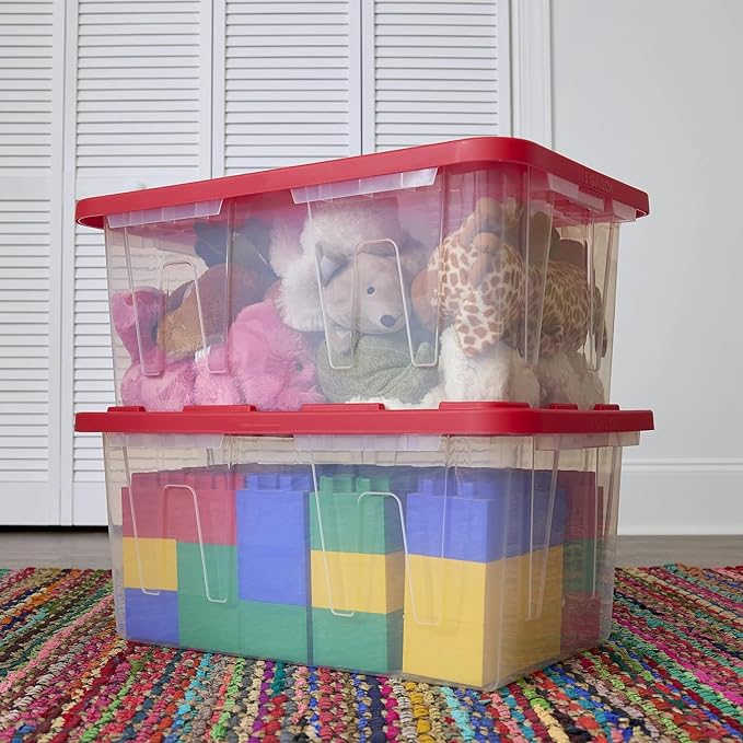 Heavy Duty 15 Gallon Storage Bin with Secure Snap Lid Clear Base and Red Lid for Home Organization Closet Garage