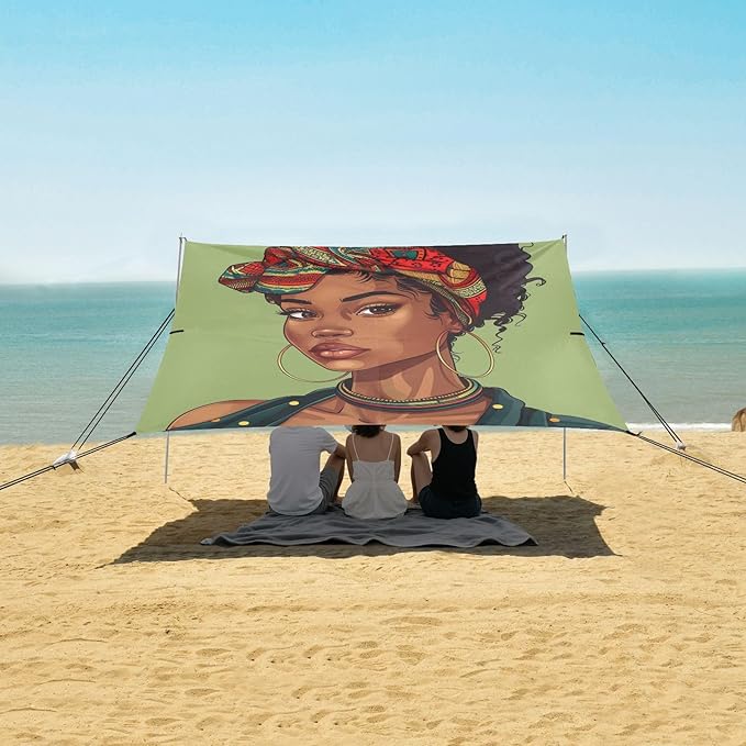 ALAZA Beautiful African Female on Green Beach Tent Sun Shelter Portable Canopy Sunshade for Outdoor Camping Picnics Backyard Fun 10x9 ft