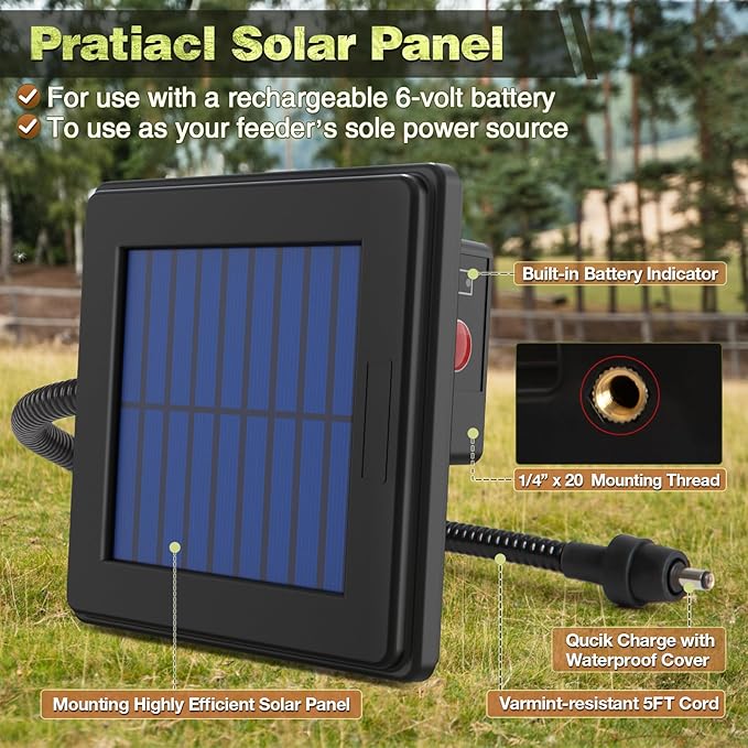 6V Deer Feeder Solar Panel Efficient Solar Panel Charger with 5FT Weatherproof Cable &amp Battery Indicator 6V Compatible with Deer Feeder Timer with Solar Quick Connect Easy to Mount