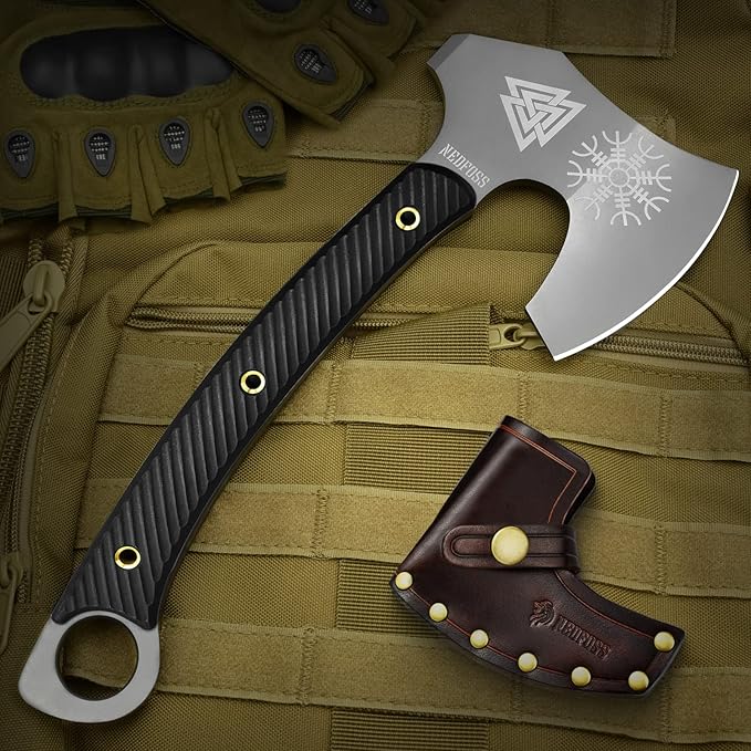 NedFoss 12.2 Tactical Tomahawk Axe with Leather Sheath G10 Handle Heavy Duty Full Tang Viking Axe with 4.3 Titanium Coated Blade Viking Bearded Tomahawk Hatchet for Outdoor Survival