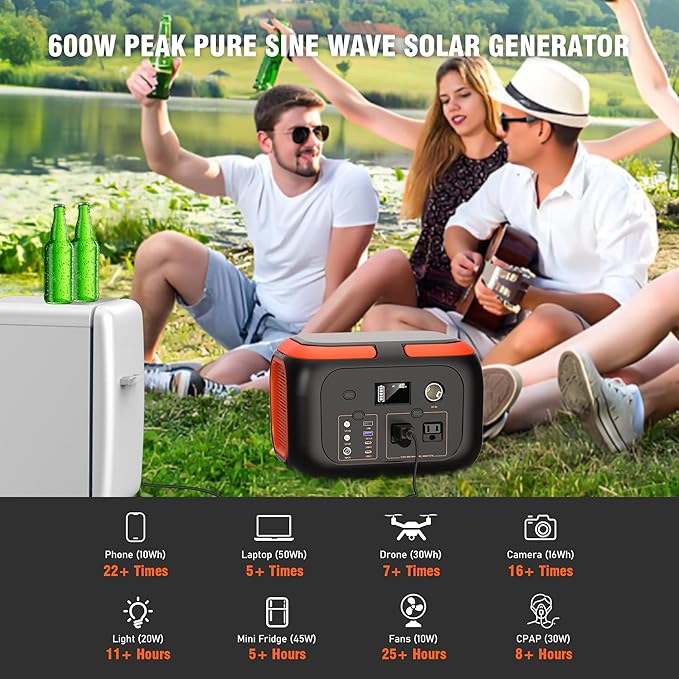 SinKeu Portable Power Station 600W 296Wh/80000mAh Backup Lithium Battery Pack Bank 110V Pure Sine Wave AC Outlet Solar Generator for Camping Emergency RV Outdoor Hurricane Supplies