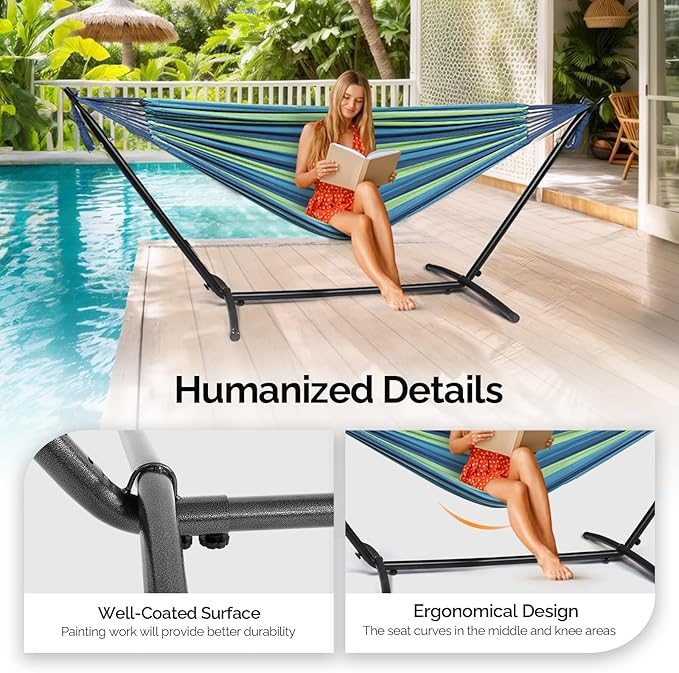 ONCLOUD Heavy Duty 550 LBS Double Hammock with Stand Included with Portable Carrying Bag Upgraded 2 Person Hammock with Frame for Outdoors &amp Indoors Series TDCTZ2 - Blue Green Stripe