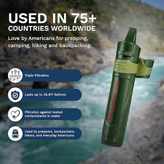 Survivor Filter Emergency Water Straw – USA-Tested – 0.05 Micron Filtration – Portable Outdoor Water Filter for Camping &amp Hiking - No Expiration