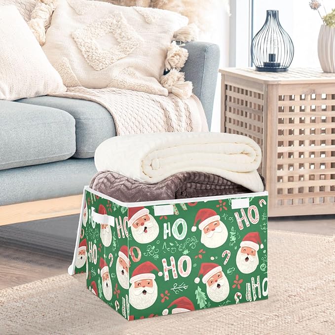 Christmas Santa Claus Green Storage Box with Lid 1 PC Foldable Storage Bin with Lids Stackable Storage Bins Cube Closet Organizer Basket with Flip-Top Lid &amp Handles for Shoes Books Towels