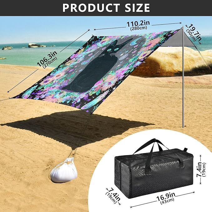 ALAZA Black Cat Witchy Boho Beach Tent Sun Shelter UPF50+ Protection Beach Shade Canopy w/ 4 Sandbags for Outdoor Camping Fishing Backyard Fun Picnic 10x9 ft