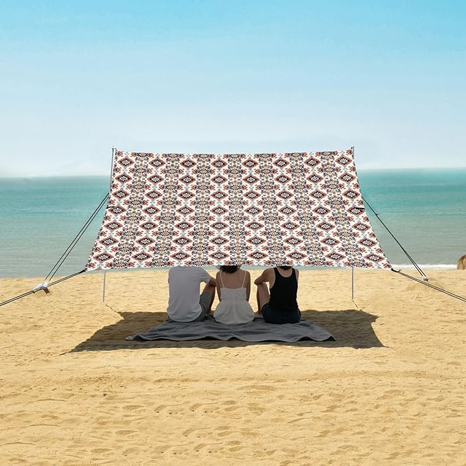 ALAZA Vintage Ikat Flowers Aztec Art Beach Tent Sun Shelter UPF50+ Protection Beach Shade Canopy w/ 4 Sandbags for Outdoor Camping Fishing Backyard Fun Picnic 10x9 ft