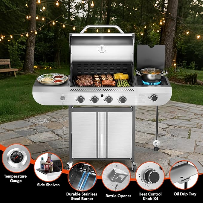 R.W.FLAME 4-Burner Propane Gas Grill 42000 BTU BBQ Grill with Side Burner Porcelain-Enameled Grates Stainless Steel Outdoor Grill for Backyard Patio Barbecue