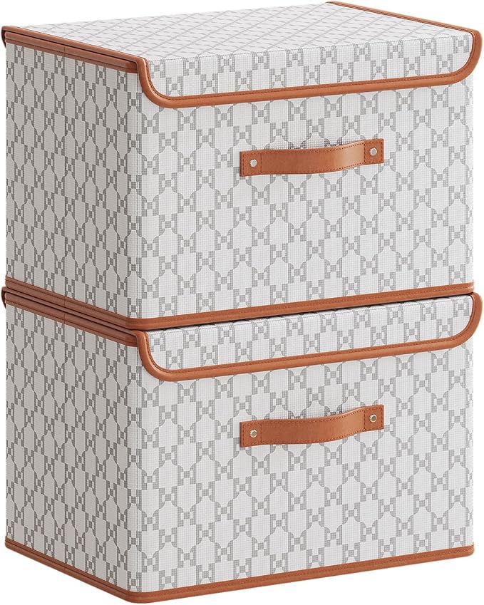 Tuza 2 Pack Fabric Storage Bins with Lids Collapsible Closet Organizer Container Decorative Storage Boxes with Lids for Organizing Clothes Blanket Grey &amp White Extra Large