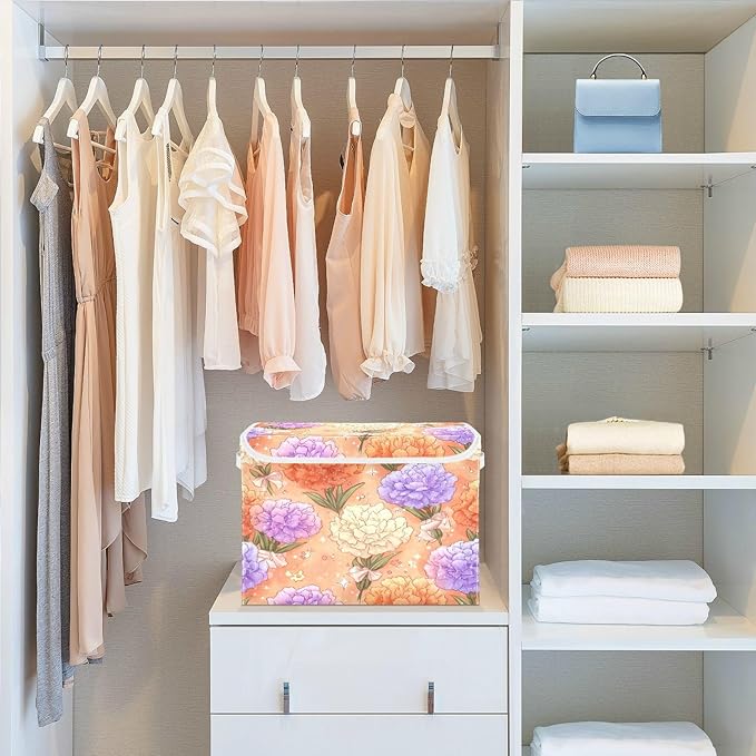 Storage Bins With Lid Stackable Fabric Closet Organizer Clothing Storage Large Boxes For Closet Shelves Bedroom Orange Carnations Bows Leaves