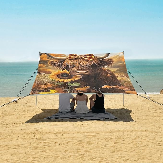 ALAZA Autumn Theme Highland Cow Beach Tent Sun Shelter Portable Canopy Sunshade for Outdoor Camping Picnics Backyard Fun 10x9 ft