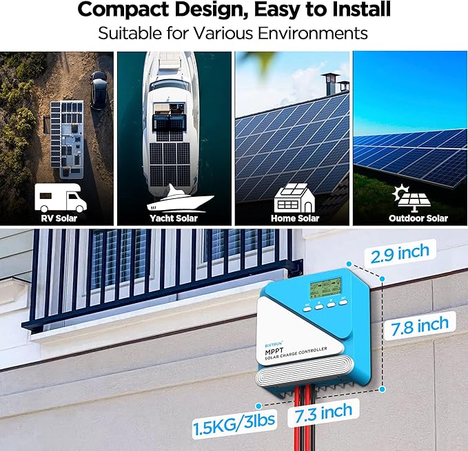 Bietrun 30A 12V/24V MPPT Solar Charge Controller with WiFi/Bluetooth APP Max Output 360W Max PV Input 100V Smart Protection for LiFePO4 SLD Gel FLD AGM Battery for Solar Off-Grid System