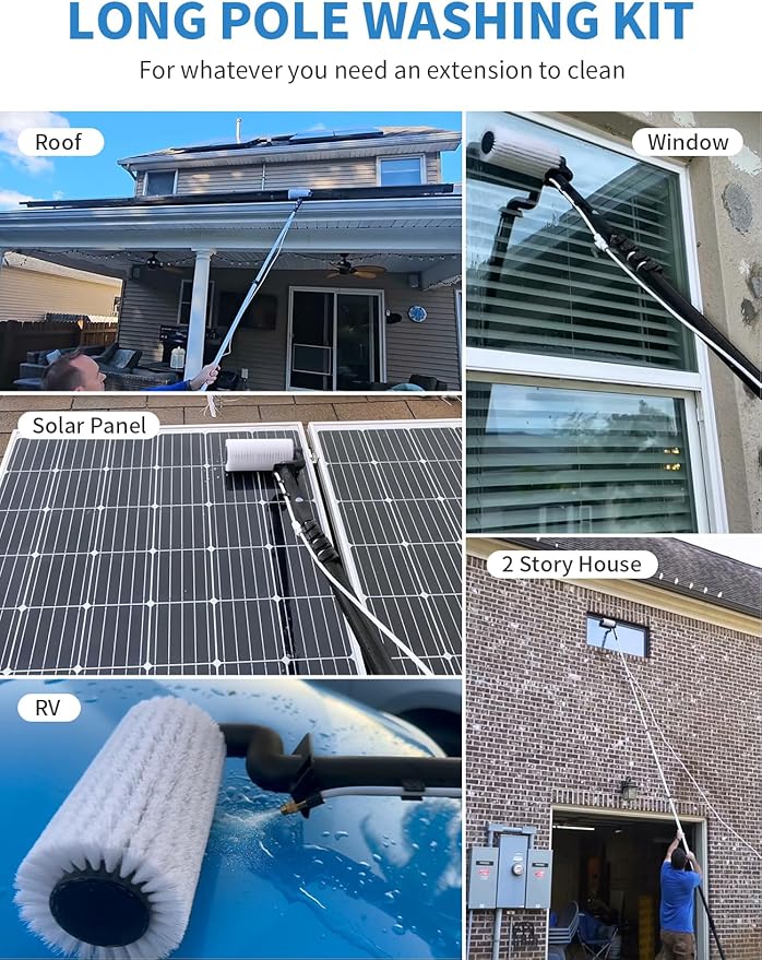 Solar Panel Cleaning Brush and Pole 20FT Electric Cleaning Roller Brush with Telescopic Water Fed Pole 100Mins Runtime 2 Spin Speeds Outdoor Window Cleaning System for Solar Panel Window Roof