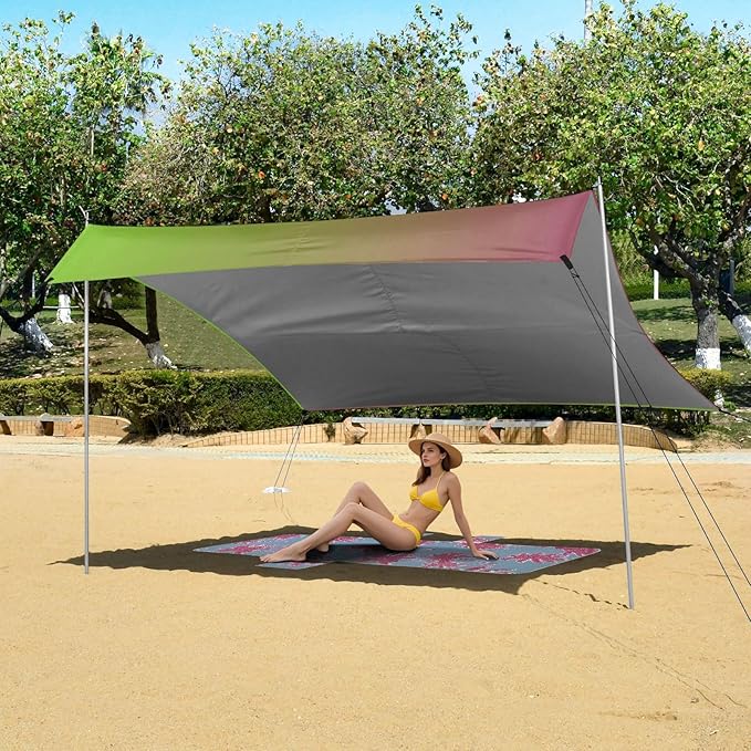 Red Green Gradient Beach Tent UPF50+ Protection Waterproof Sun Shelter with Sand Shovel Sandbags for Camping Trips Fishing Backyard Fun or Picnics