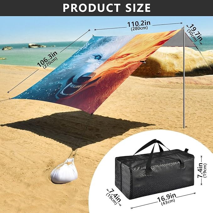 ALAZA Ice Fire Wolf Beach Tent Sun Shelter Portable Canopy Sunshade for Outdoor Camping Picnics Backyard Fun 10x9 ft