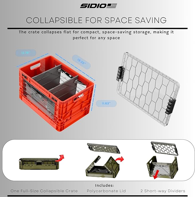 SIDIO Full-Size Collapsible Crate - Heavy Duty Stackable Storage Bin with Lid &amp 2 Short-Ways Dividers Durable Plastic Organizer for Home Office Garage &amp Outdoor Use (Sidio Blue)