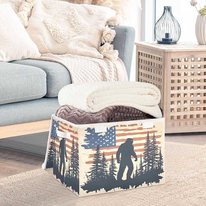 Sasquatch America Poster Storage Cube Bins Basket with Lid Collapsible Flip-top Fabric with Handle for Home Bedroom Closet Office 16.5×12.6×11.8 in