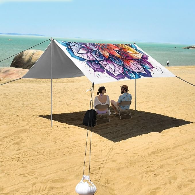 ALAZA Tie Dye Mandala Beach Tent Sun Shelter UPF50+ Protection Beach Shade Canopy w/ 4 Sandbags for Outdoor Camping Fishing Backyard Fun Picnic 10x9 ft