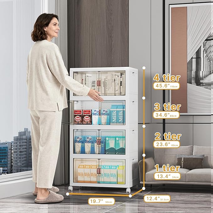 UAMFURI Stackable Storage Bins with Lids Extra Large Plastic Organizer Cabinet Drawers 192QT Collapsible Closet Containers with Doors and WheelsFor Bedroom Office Garage(4Pack Cube)