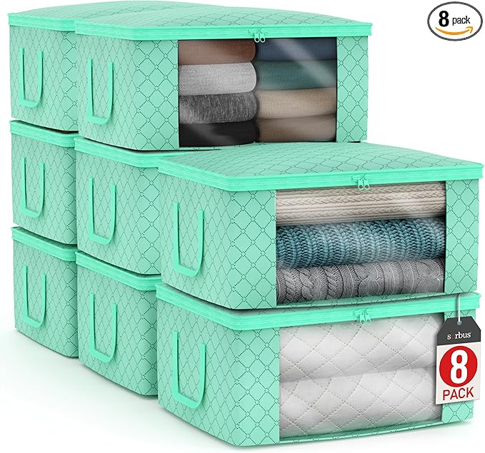 Sorbus Medium Clothes Storage Bags - Foldable Blanket Storage Bins for Organizing Bedroom Closet Clothing Comforter Organization with Clear Window Lids and Carry Handles - Set of 8