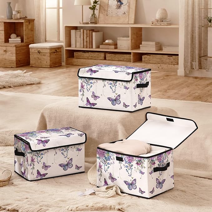 Stackable Clothes Storage Bins with LidsCloset Organizers Fabric Box for Home and OfficeBlanket Clothes OrganizersUnder Bed Storage Containers 3 Pack.