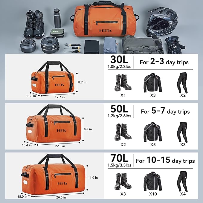 HEETA Waterproof Motorcycle Dry Bag Waterproof Duffel Luggage Travel Bags with Zippered Closure &amp Pocket Shoulder Straps Large Space for Motorcycling Camping Commuting Boating (Orange 70L)