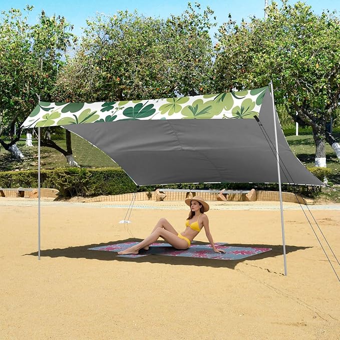 St Patrick's Shamrocks Pattern Beach Tent Sun Shelter Set UPF50+ UV Protection 10.5 x 9.19 FT Camping Shade Canopy with Sandbags Sand Anchors Carrying Bag and Others
