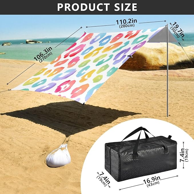 ALAZA Pastel Rainbow Leopard Spots Print on A White Background Watercolour Vector Pattern Beach Tent Sun Shelter Portable Canopy Sunshade for Outdoor Camping Picnics Backyard Fun 10x9 ft