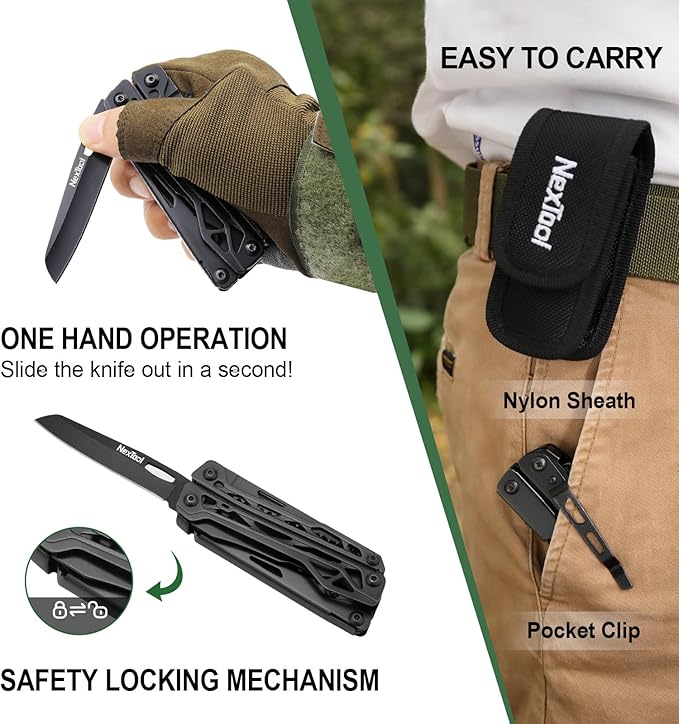 NexTool Multitool 11 in 1 Multi Tool with Needle Nose Pliers Scissors and Screwdriver Bits Stainless Steel Multi Tool Pocket Knife with Safety Locking for CampingFishingHiking Mens Gifts Unique