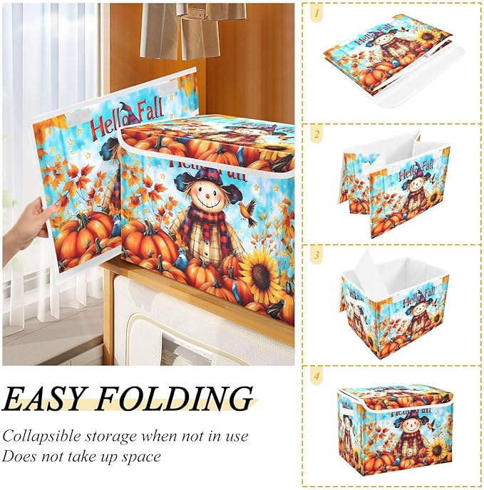 senya Large Storage Bins with Linen Words Hello Fall Collapsible Foldable Storage Cubes Fabric Closet Organizer Containers Box with Flip-Top Lid for Home Bedroom Office 16.7 x 12.6 x 11.8in