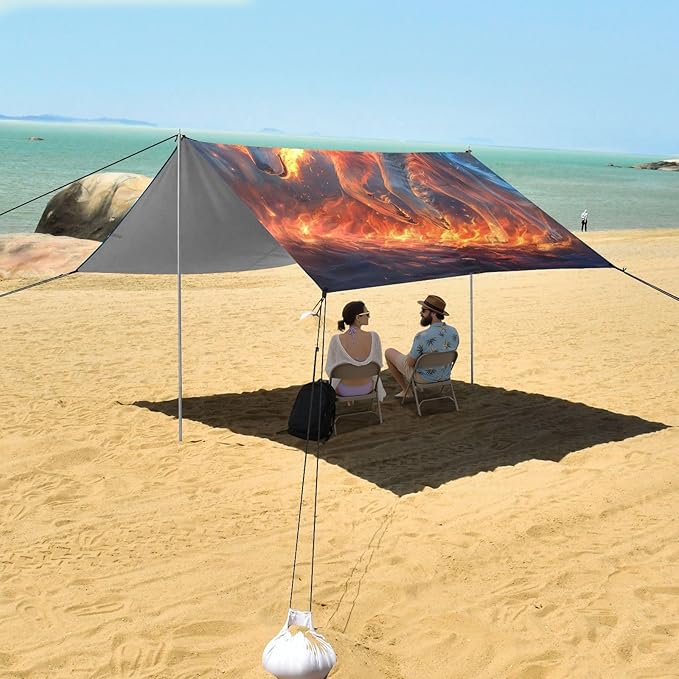 ALAZA Flame Wolf Beach Tent Sun Shelter UPF50+ Protection Beach Shade Canopy w/ 4 Sandbags for Outdoor Camping Fishing Backyard Fun Picnic 10x9 ft