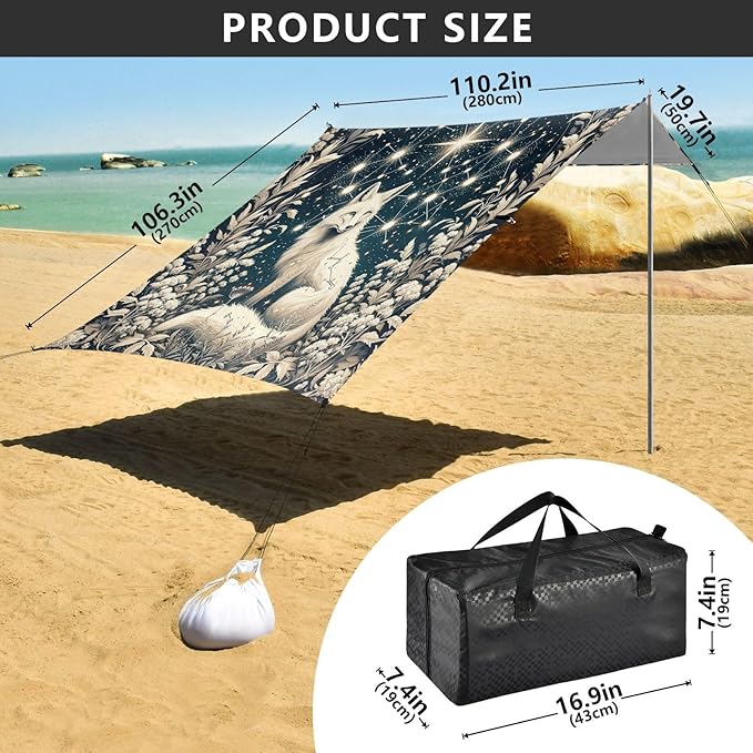 Golden Dreamy Galaxy Fox Beach Tent Sun Shelter Set UPF50+ UV Protection 10.5 x 9.19 FT Camping Shade Canopy with Sandbags Sand Anchors Carrying Bag and Others