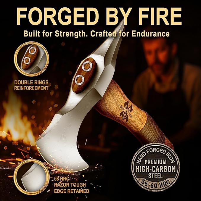Grumpy Bear 11 Survival Axe Camping Hatchet – Forged High Carbon Steel Blade with Walnut Wood Handle – Shock-Absorbing Anti-Slip Grip – Ideal for Bushcraft Wood Splitting &amp Outdoor Adventures