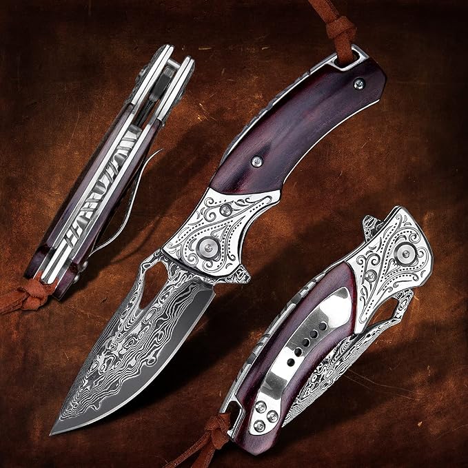 Handmade Damascus Steel Flipper Folding Knife with Pocket Clip Liner Lock Tactical Knife for Camping Hunting Fishing and EDC