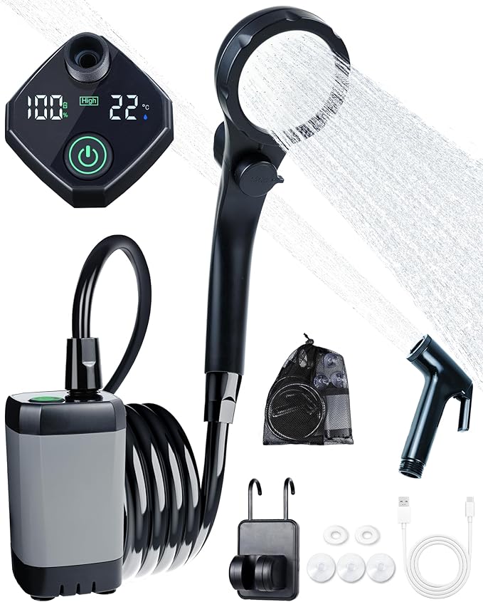 Beviliu Portable Shower for Camping 6000mAh Rechargeable Camping Shower with Digital Power &amp Temperature Display Portable Shower for Camping Beach Outdoor Travelling Hiking Pet Cleaning