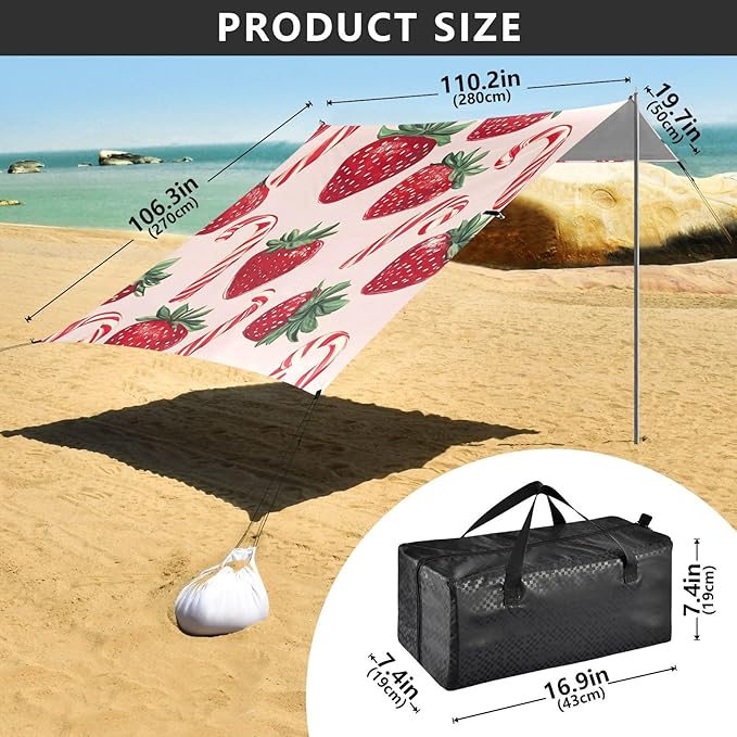 ALAZA Strawberry Candy Pattern Beach Tent Sun Shelter Portable Canopy Sunshade for Outdoor Camping Picnics Backyard Fun 10x9 ft