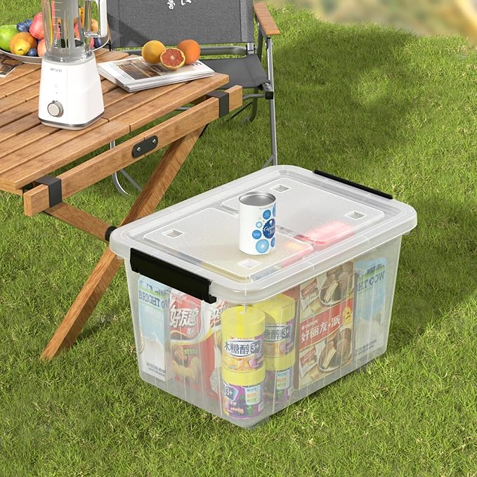 Cand 30 Quart Plastic Storage Boxes with Wheels 4 Pack Latching Lidded Storage Bins Clear
