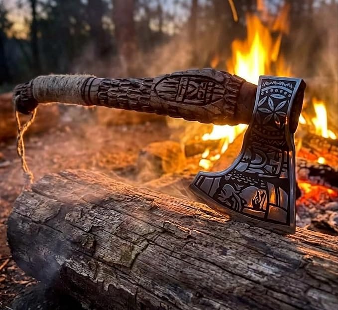 | Custom Handmade Viking Medieval Axes with GiftHand Ax Gifts for MenCamping TomahawkBeardedValhalla Axe with Leather Sheath (Battle Axe) (Handmade)