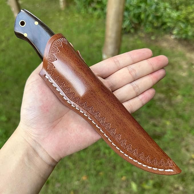 3.54 inches Bowie Knife Full-tang D2 Steel Fixed Blade Ebony Wood Handle Hunting Knife with Leather for Camping Hiking Survival