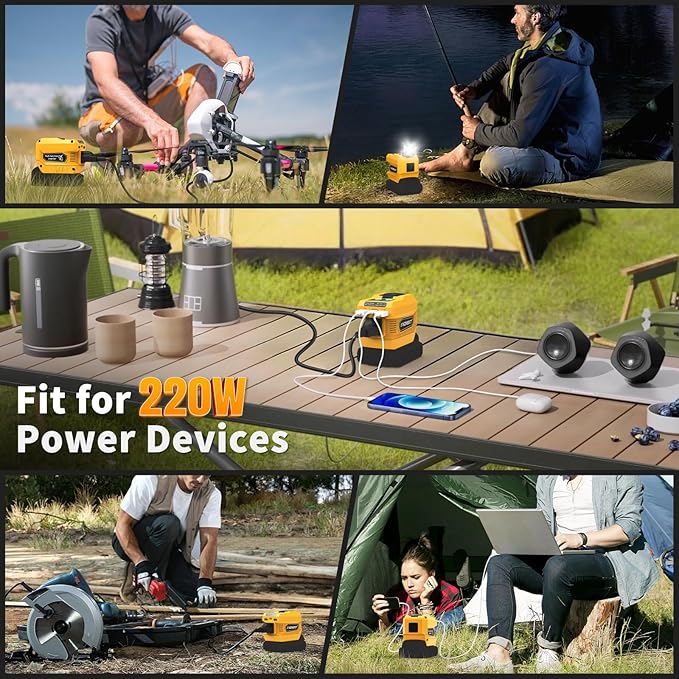 2 Pack Kzreect 220W Power Inverter Compatible with DeWalt 20V/18V Batteries (Battery Not Included) DC to 110V AC Converter with 1 AC Outlet USB-C Dual USB-A &amp 400LM LED Light for Camping Emerg