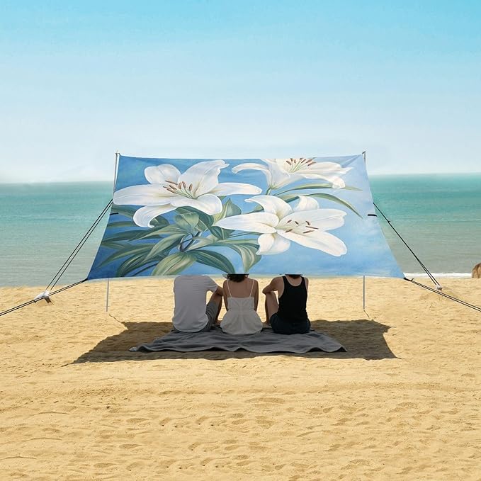 ALAZA White Lily Flowers on Blue Beach Tent Sun Shelter Portable Canopy Sunshade for Outdoor Camping Picnics Backyard Fun 10x9 ft