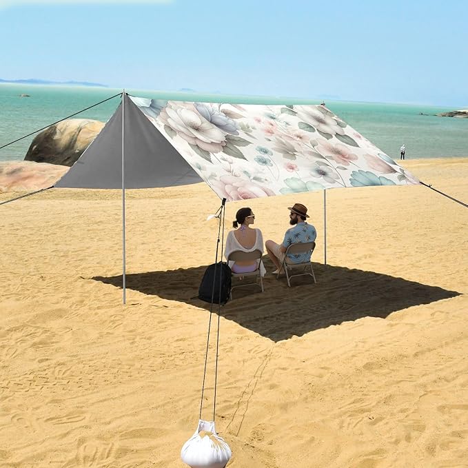 Pure Flowers Beach Tent Sun Shelter Set UPF50+ UV Protection 10.5 x 9.19 FT Camping Shade Canopy with Sandbags Sand Anchors Carrying Bag and Others